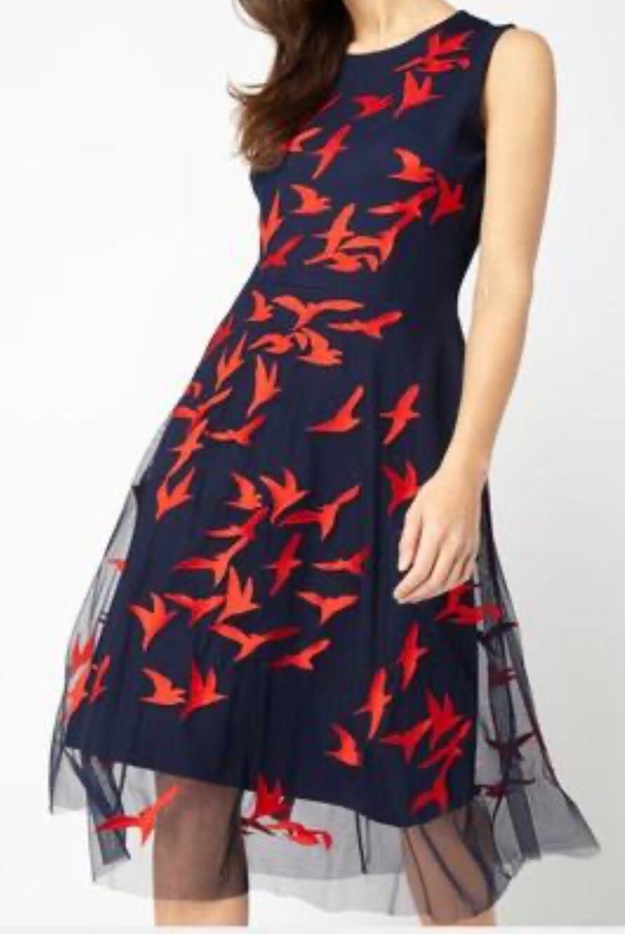Boss Enerva Embroidered Bird Sleeveless Dress Tulle Overlay Navy Blue